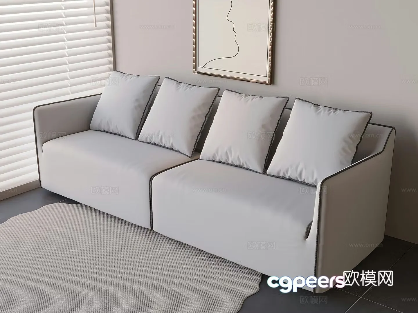 Creamy style multi-person sofa straight-row fabric soft-pack sofa 3D model