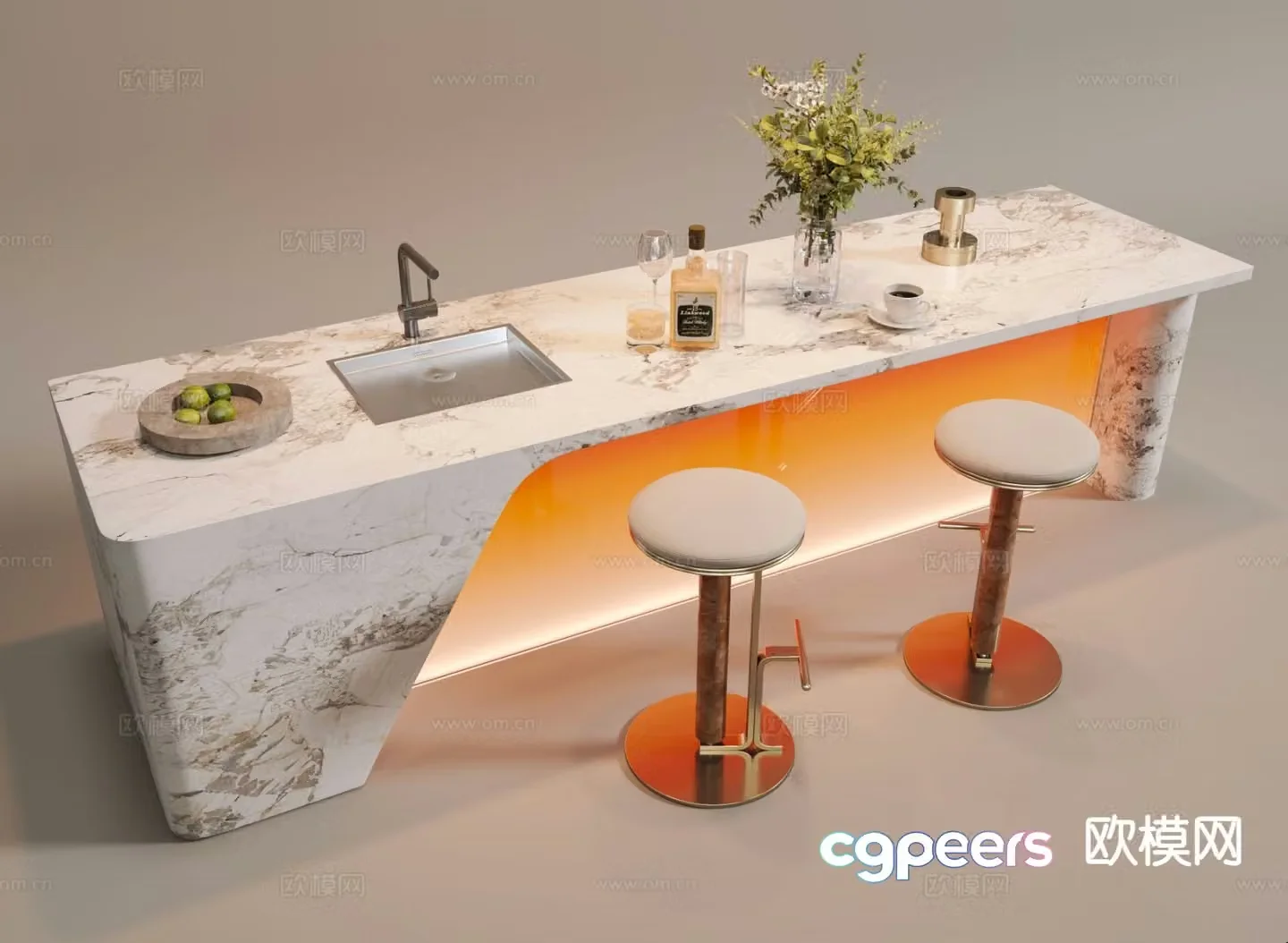 Marble bar counter bar chair island table 3D model