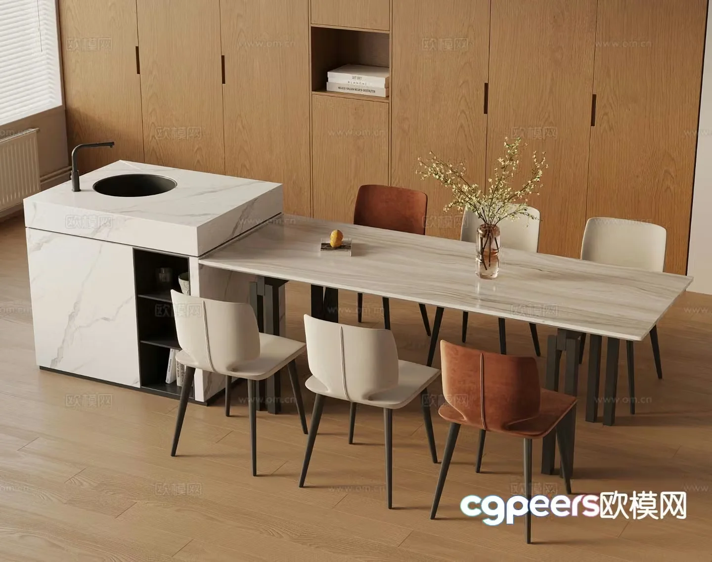 Light luxury dining table and chairs island 3D model