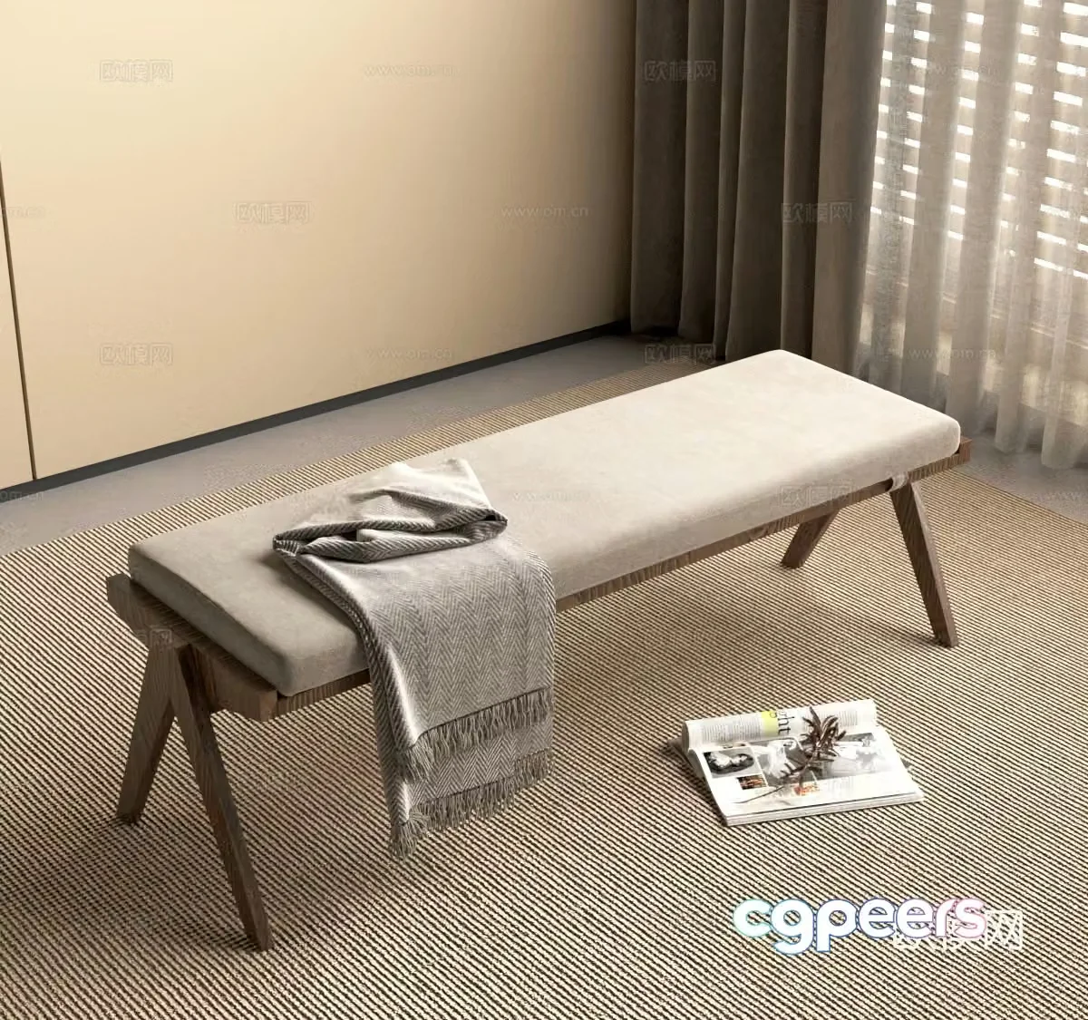 Wabi-sabi medieval rattan bench bedside stool 3D model