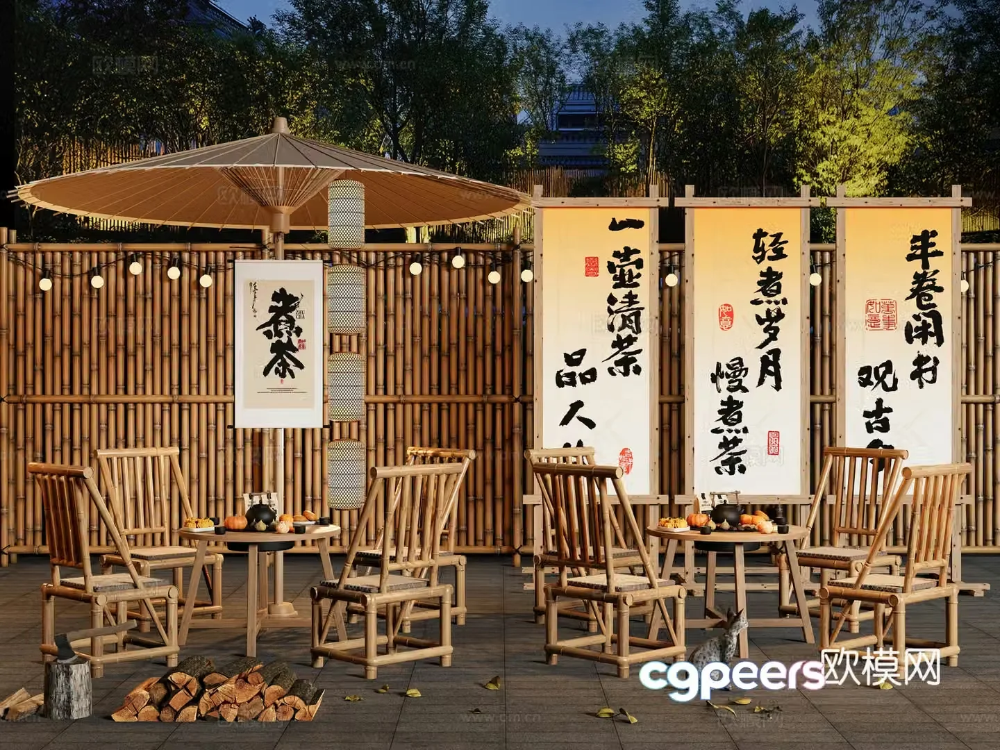 Chinese outdoor table and chairs bamboo tea table and chairs stove cooking tea stove wood bamboo fence 3D model