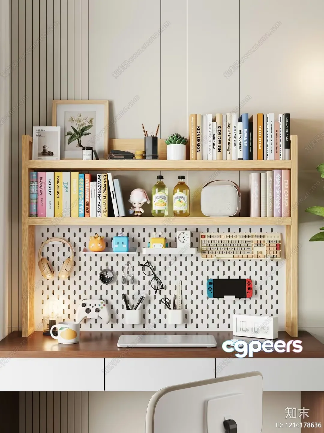 A Home Office With A Wooden Desk And Shelves 3D Model – 15789 – VRAY Render