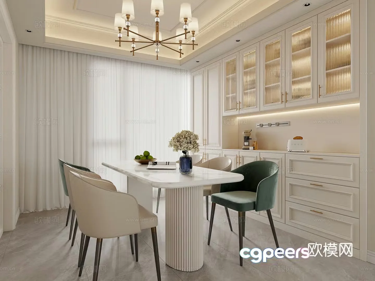 European French home restaurant restaurant wine cabinet sideboard dining table combination 3D model