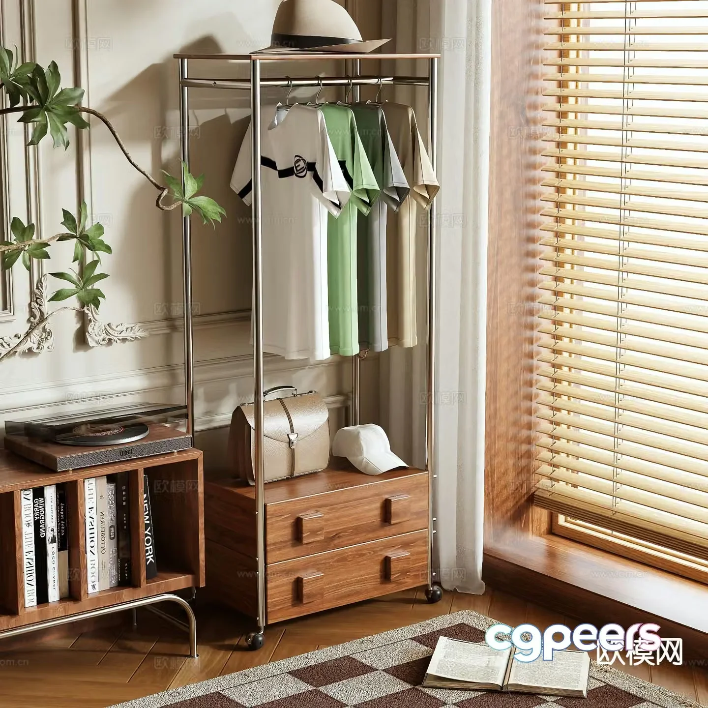 Log style clothes hanger coat rack floor-standing clothes hanger 3D model
