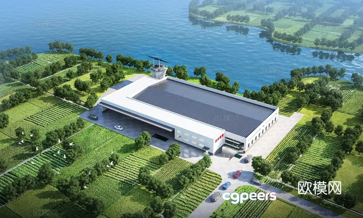 Aerial view 3d model of modern factory building