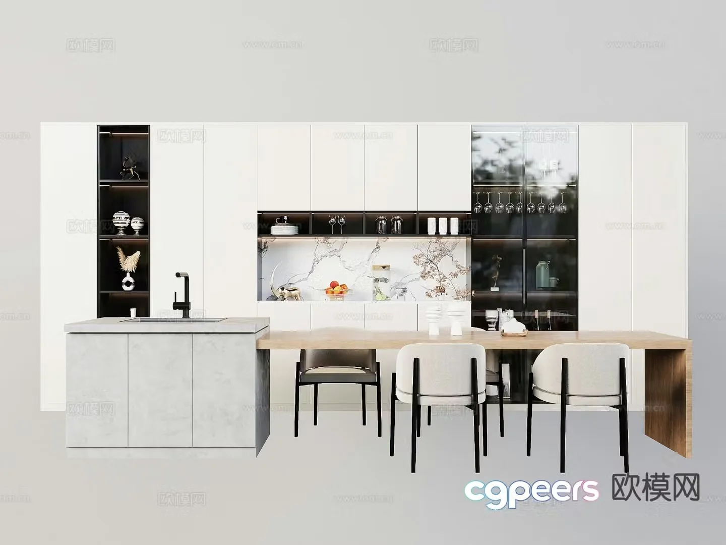 Modern island dining table and chairs 3d model