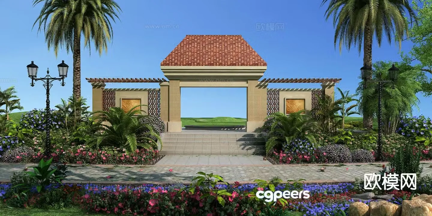 European garden landscape community entrance landscape 3D model