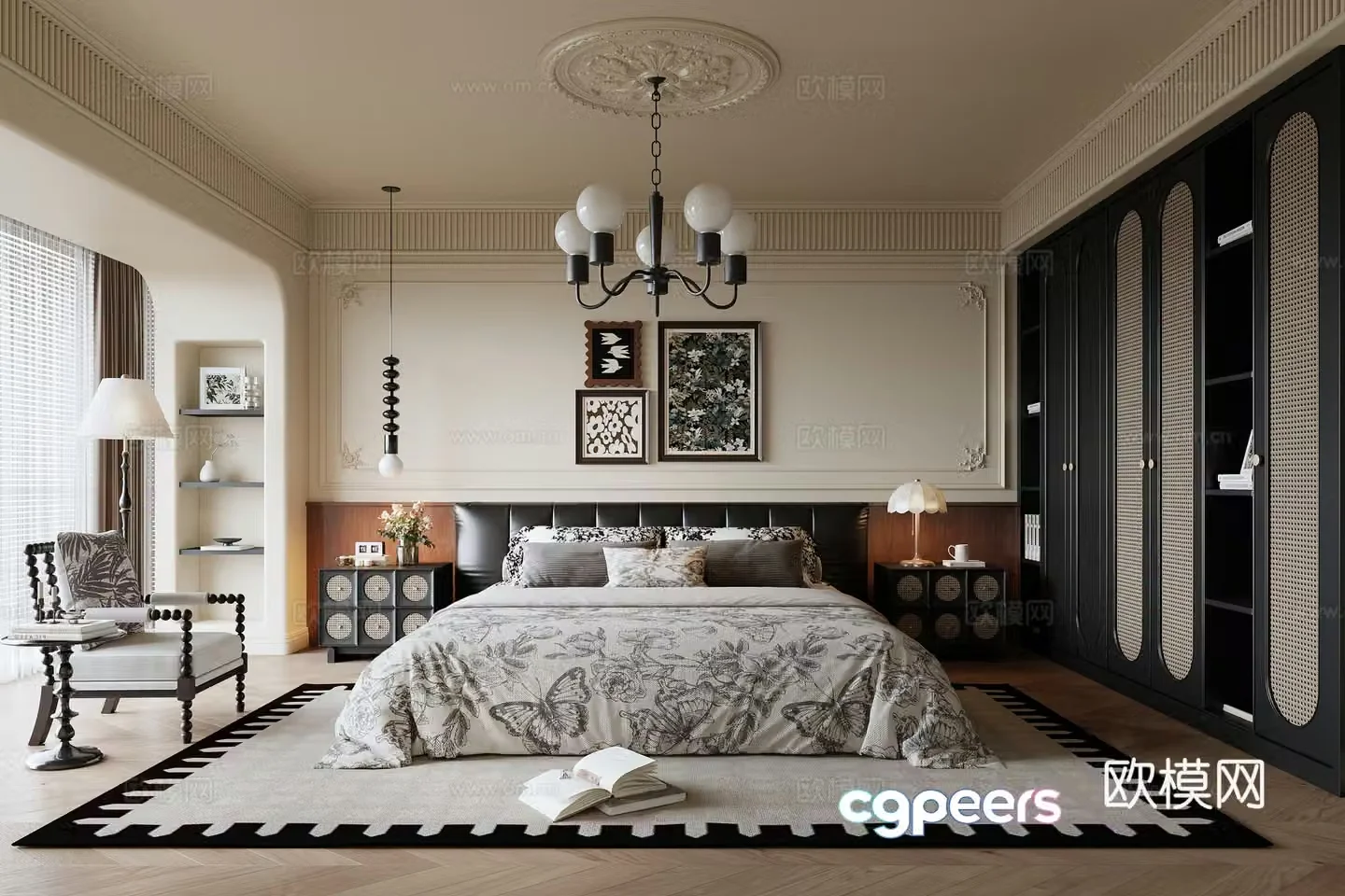 French medieval style bedroom double bed leisure chair chandeliers wardrobe nightstand hanging painting 3D model