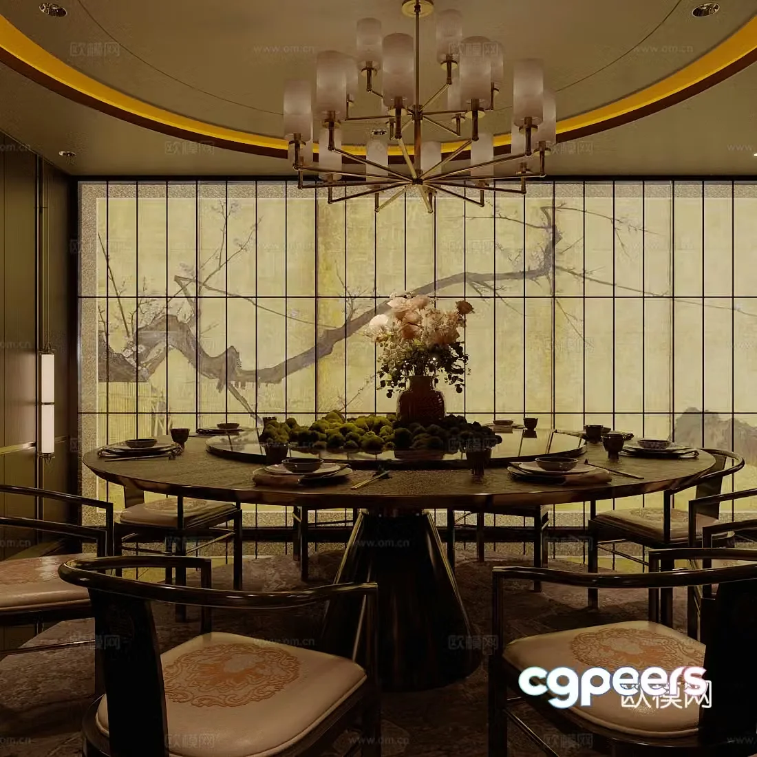 New Chinese-style private rooms restaurant private rooms round dining table and chair combination hotel private rooms dining table and chair 3D model