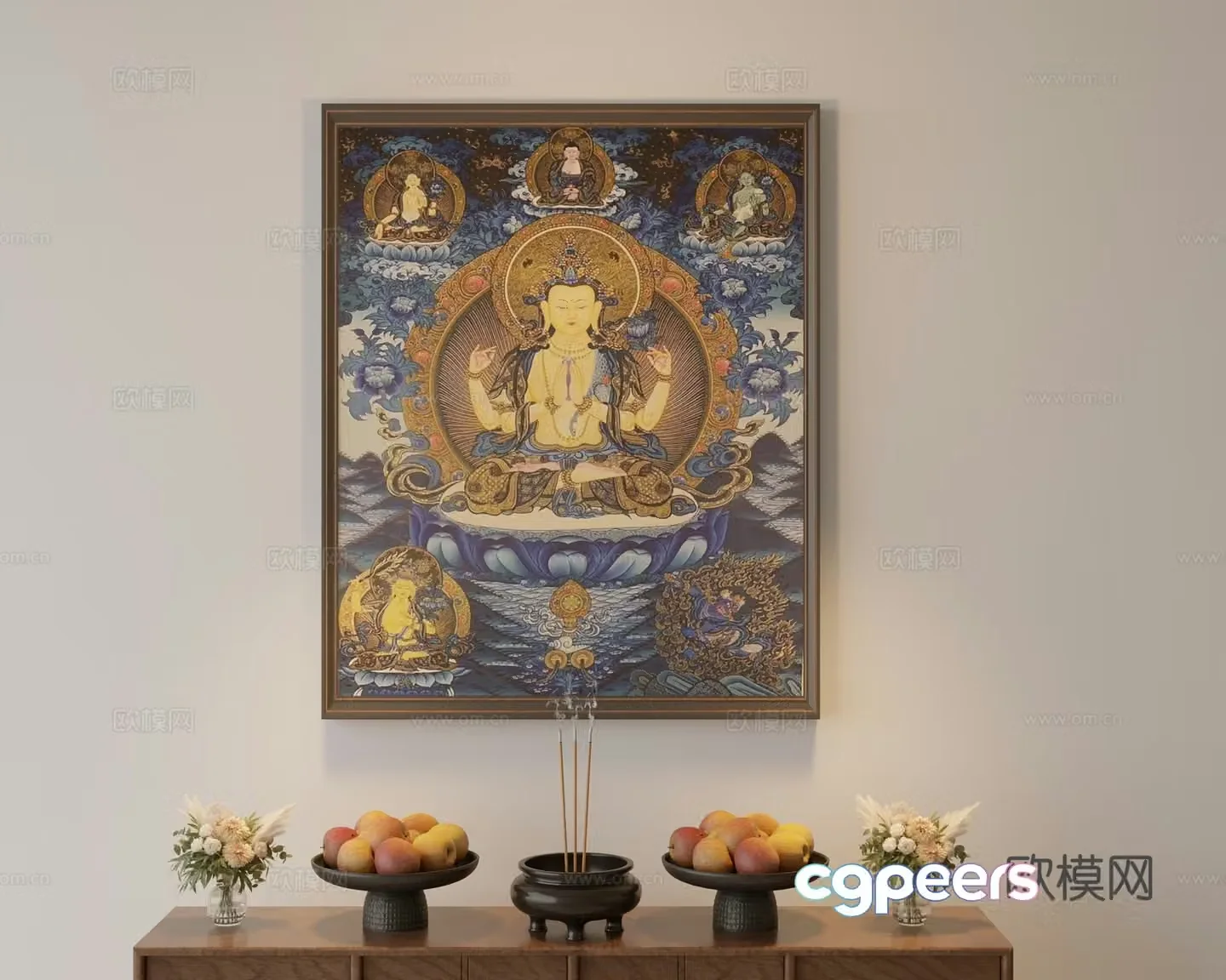 Tibetan Thangka Four-arm Guanyin hanging painting 3D model
