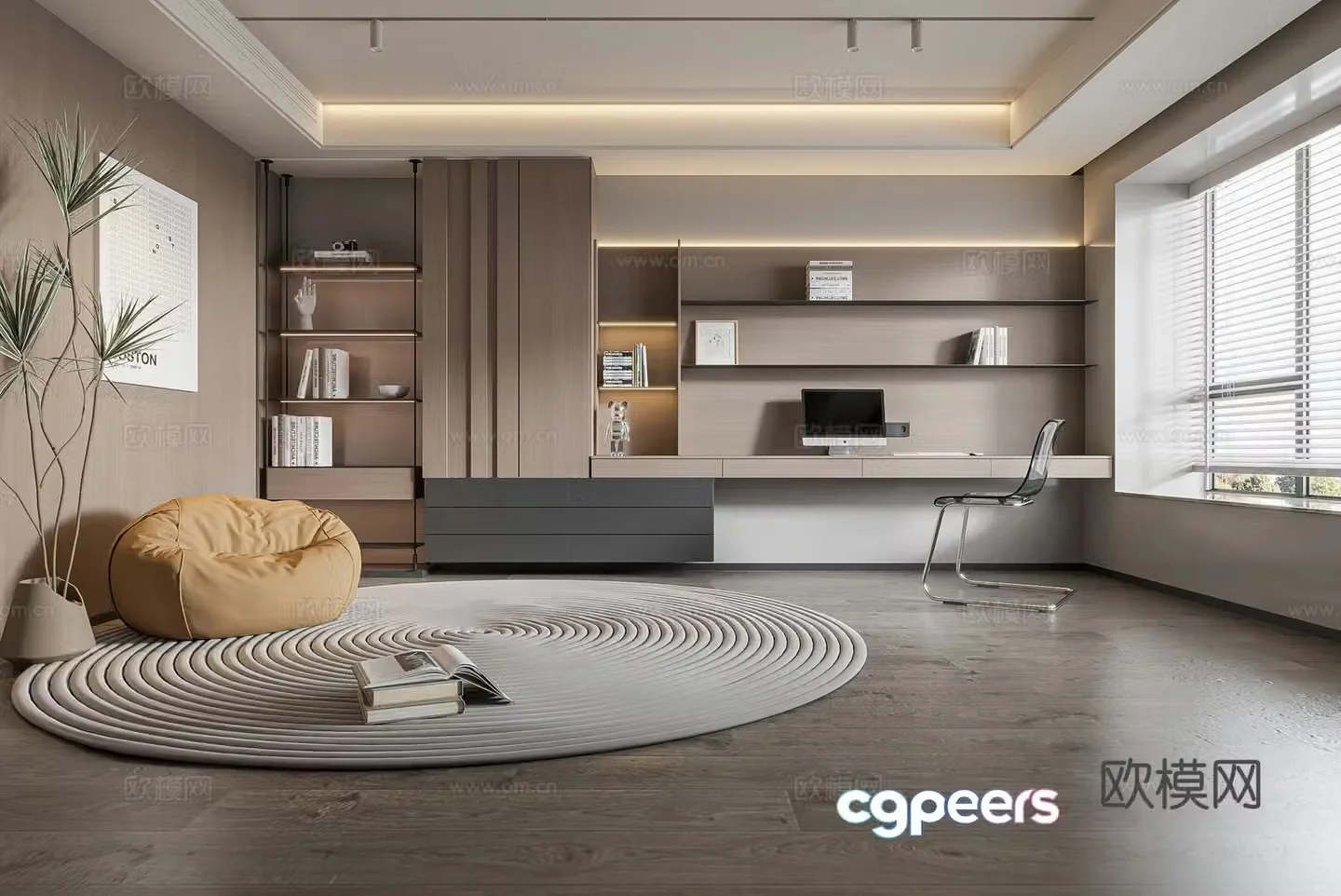 Modern study ownerless lamp study bookcase combination desk combination jewelry ornaments 3D model