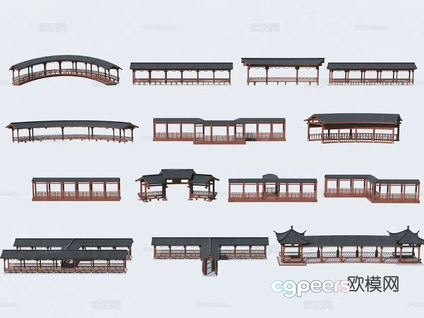 Chinese-style curved corridor curved antique corridor curved corridor frame 3D model