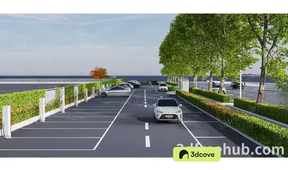 A 3D Rendering Of A Parking Lot With Cars And Trees