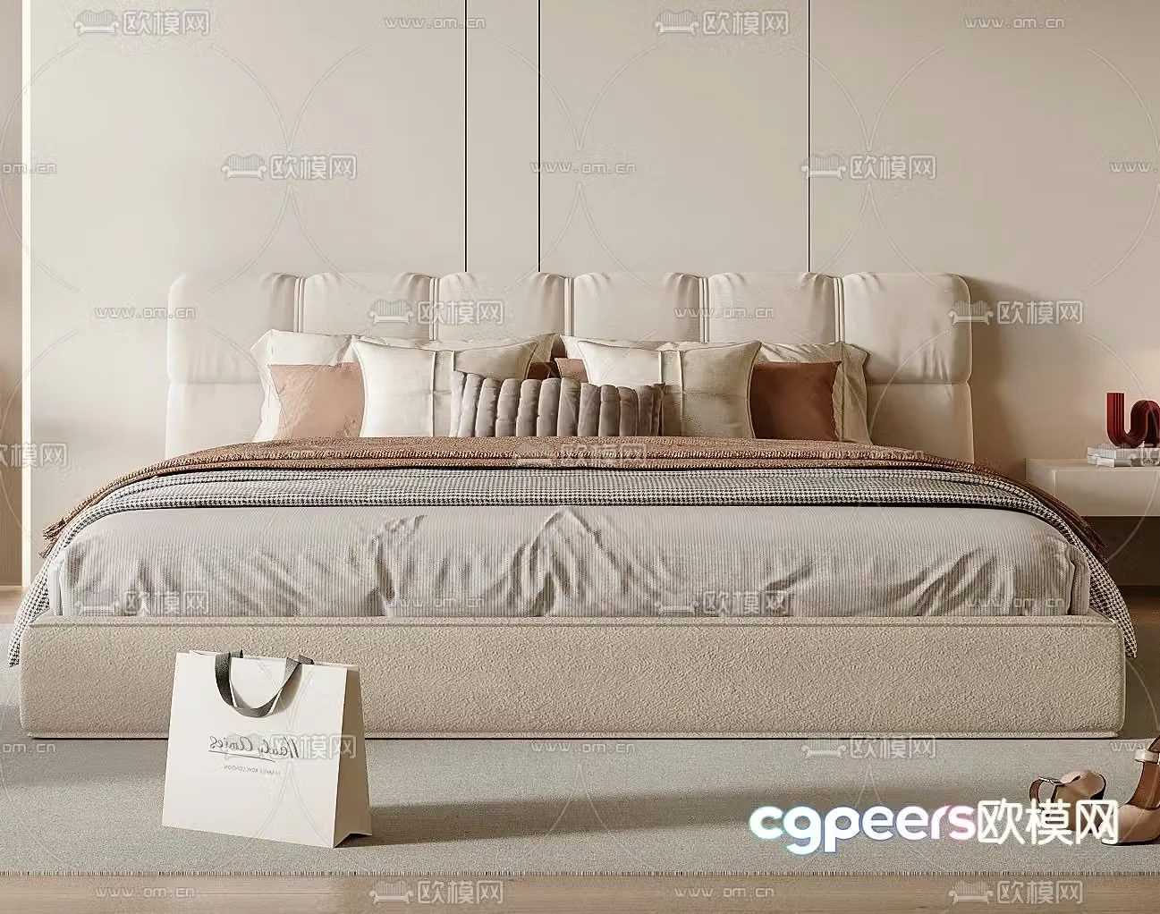 Cream style double bed 3d model