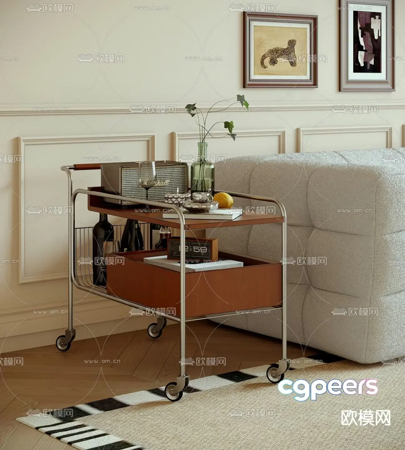 Medieval style side table movable trolley 3D model