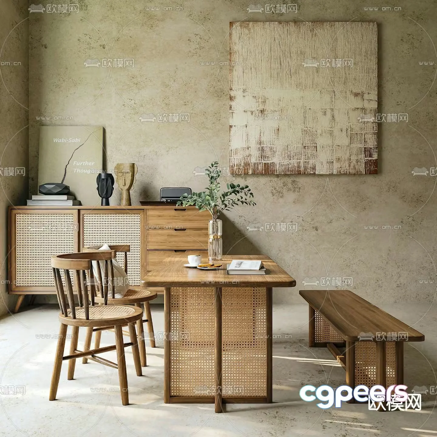 Wabi-sabi dining table and chairs log dining table 3d model