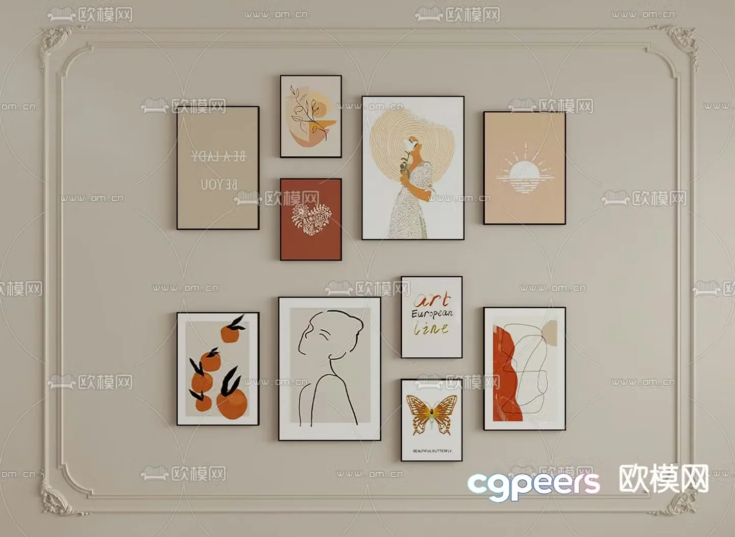 Cream style decorative painting hanging painting combination 3D model