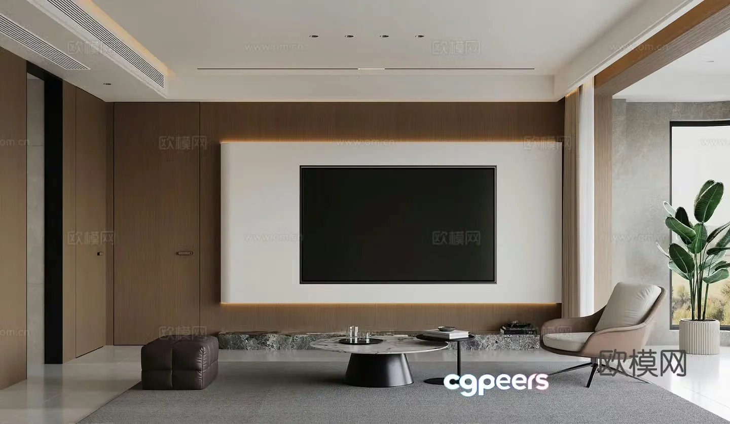Modern living room TV background wall Light luxury leisure chair Potted modern living and dining Italian 3D model