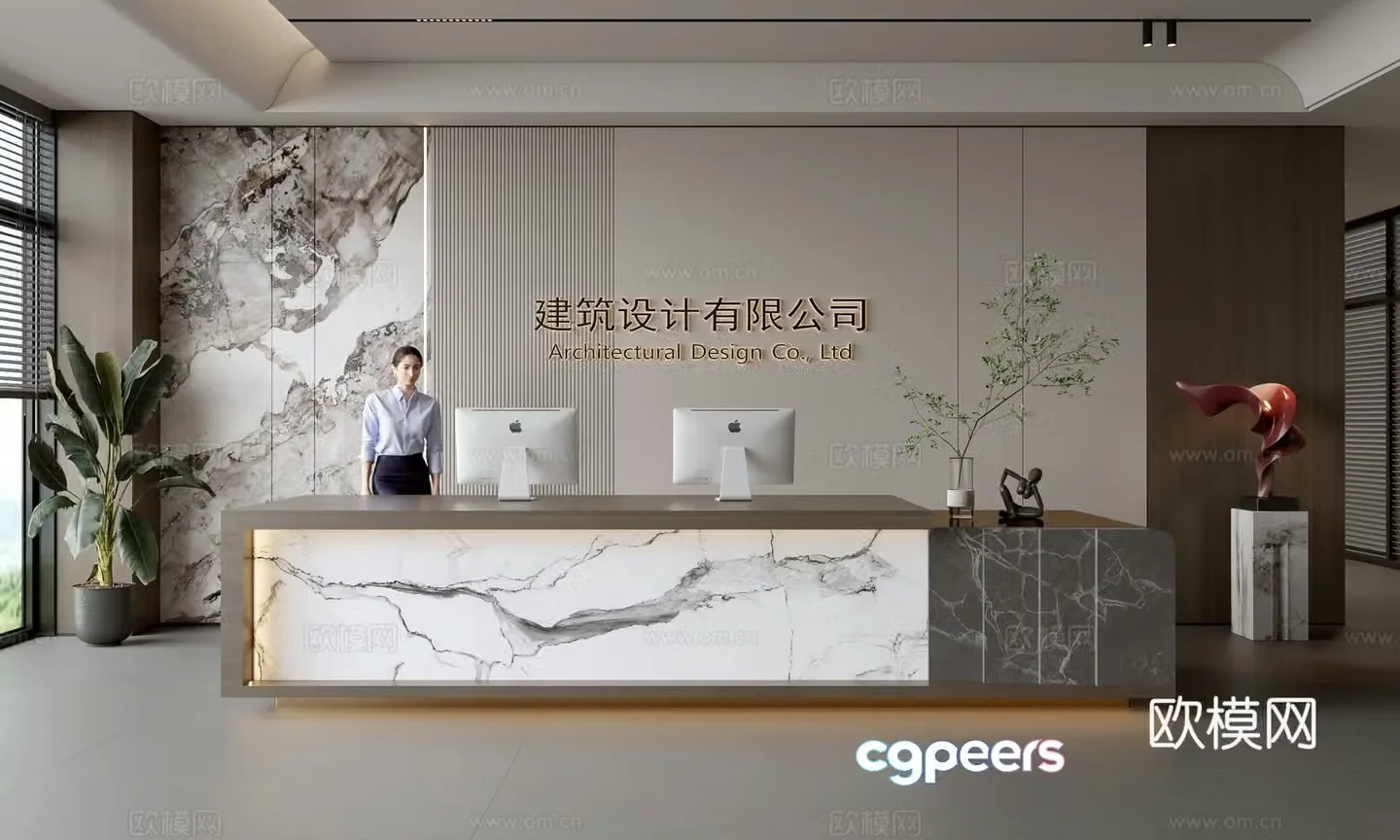 Modern company front desk reception area bar reception desk service desk company front desk background 3D model