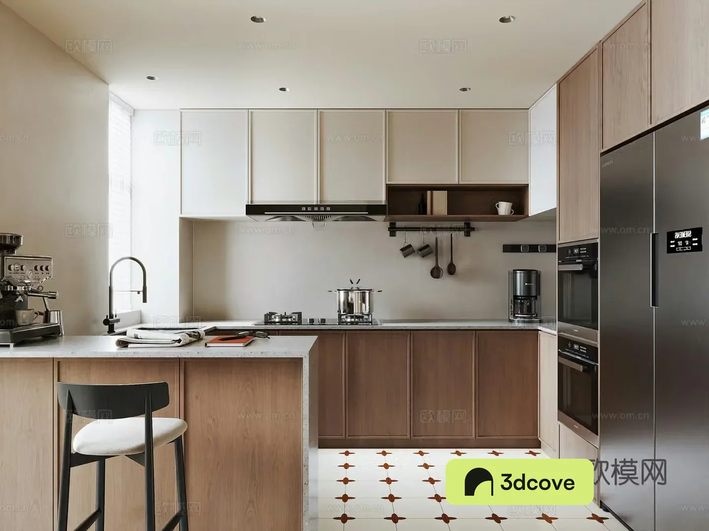 Medium-old kitchen Medium-old bar chair Bar ornaments Medium-old flower tiles Refrigerator Electrical cabinet Range hood 3D model