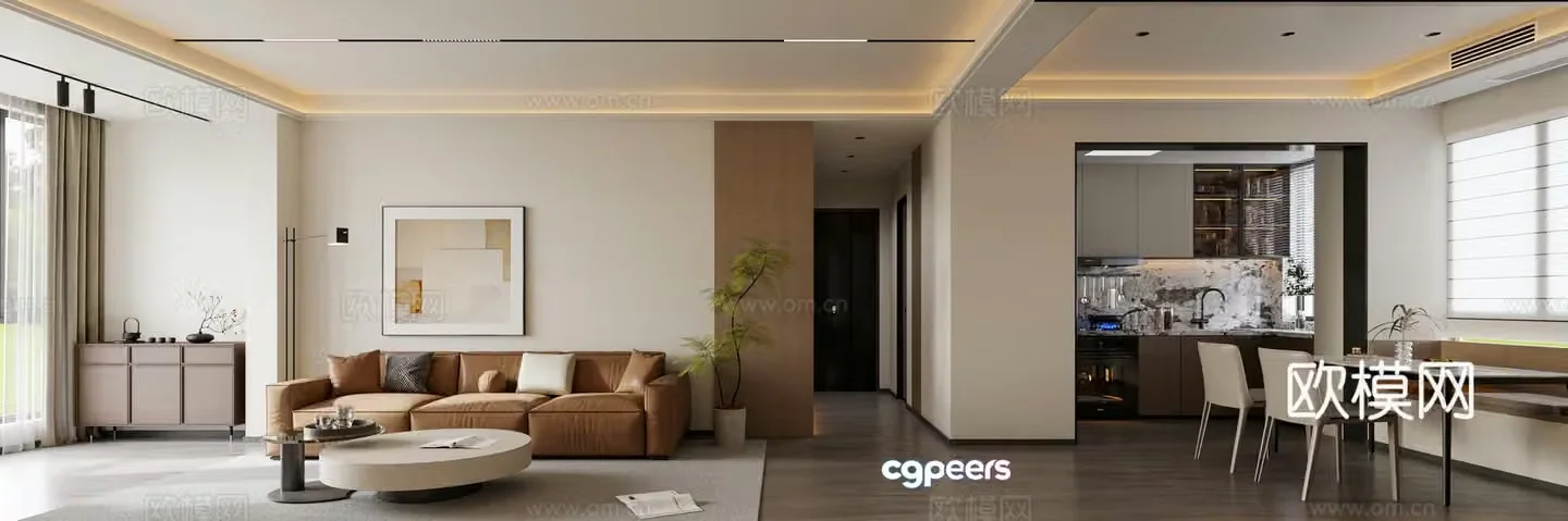Modern home living and dining room Simple living and dining room Log room TV wall Dining table and chair Sofa 3D model