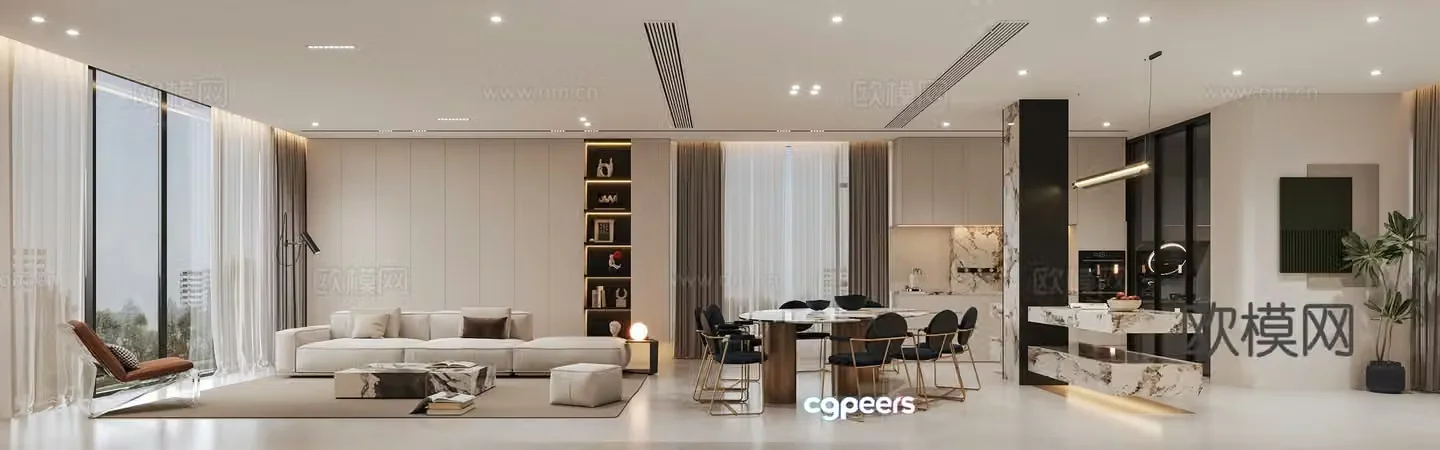 Modern Living Room Dining Island 3D Model