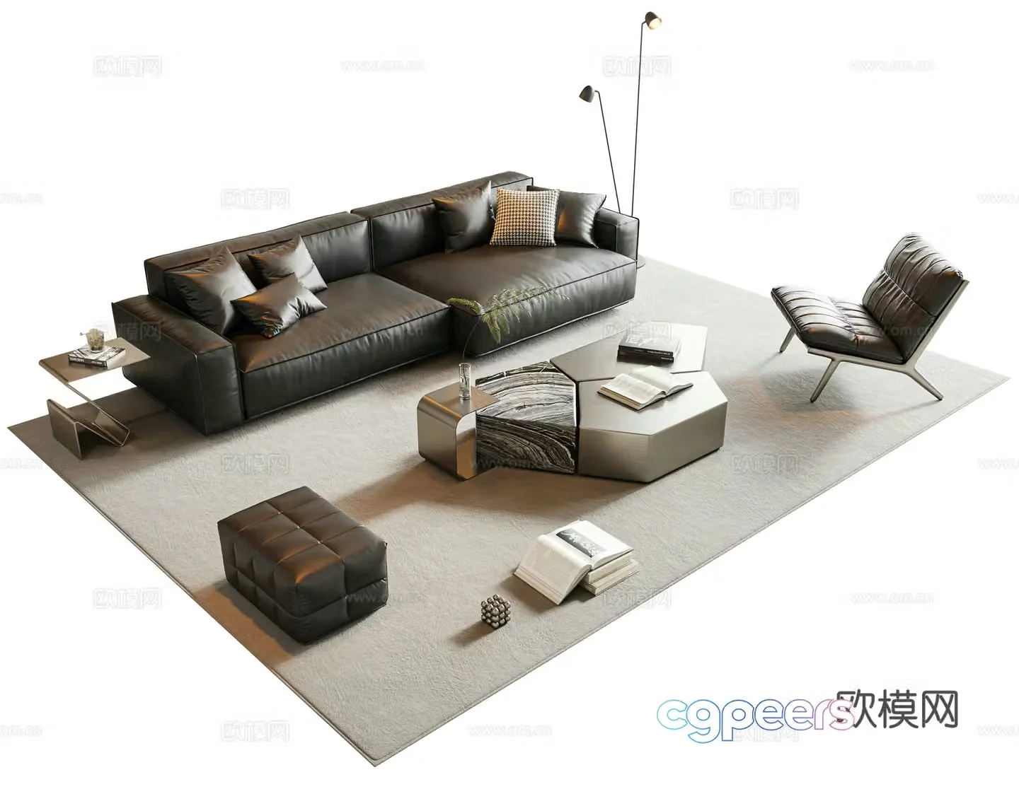 Italian sofa coffee table combination Modular sofa leather multi-person sofa Combination sofa Metal coffee table 3D model