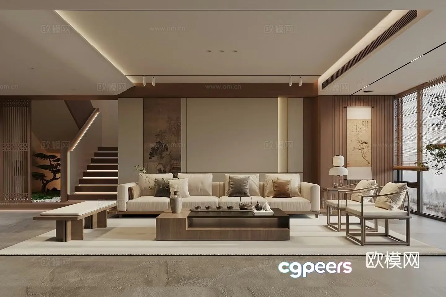 Song style new stroke living room sofa coffee table combination sofa background wall leisure chair stairs landscape 3d model