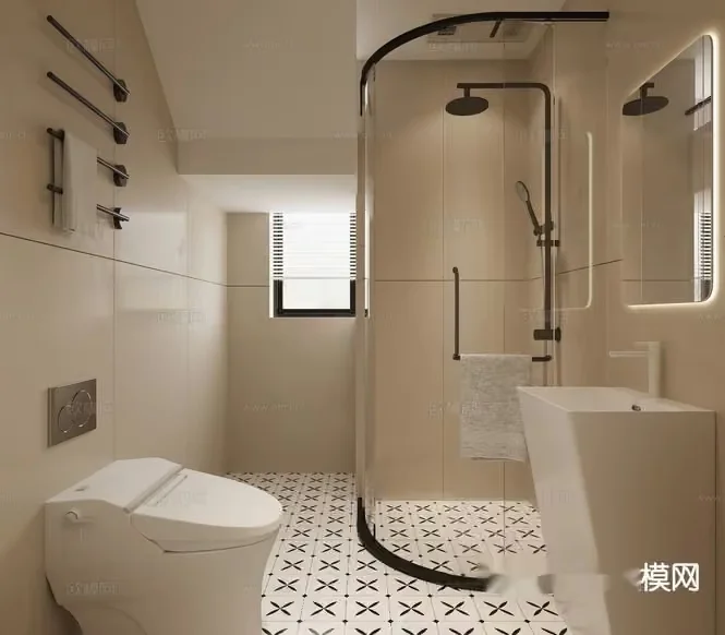 Modern Bathroom With A Glass Shower 3D Model – 23366 – CORONA Render
