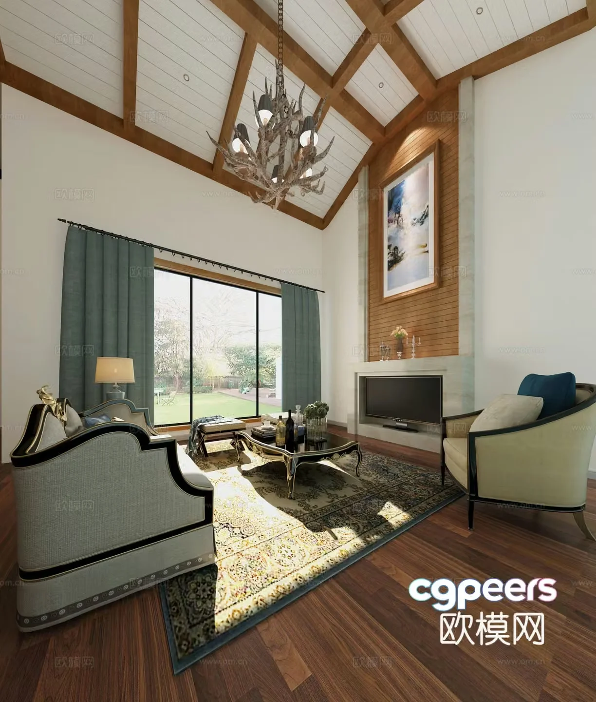 American living room sofa American chandelier 3d model