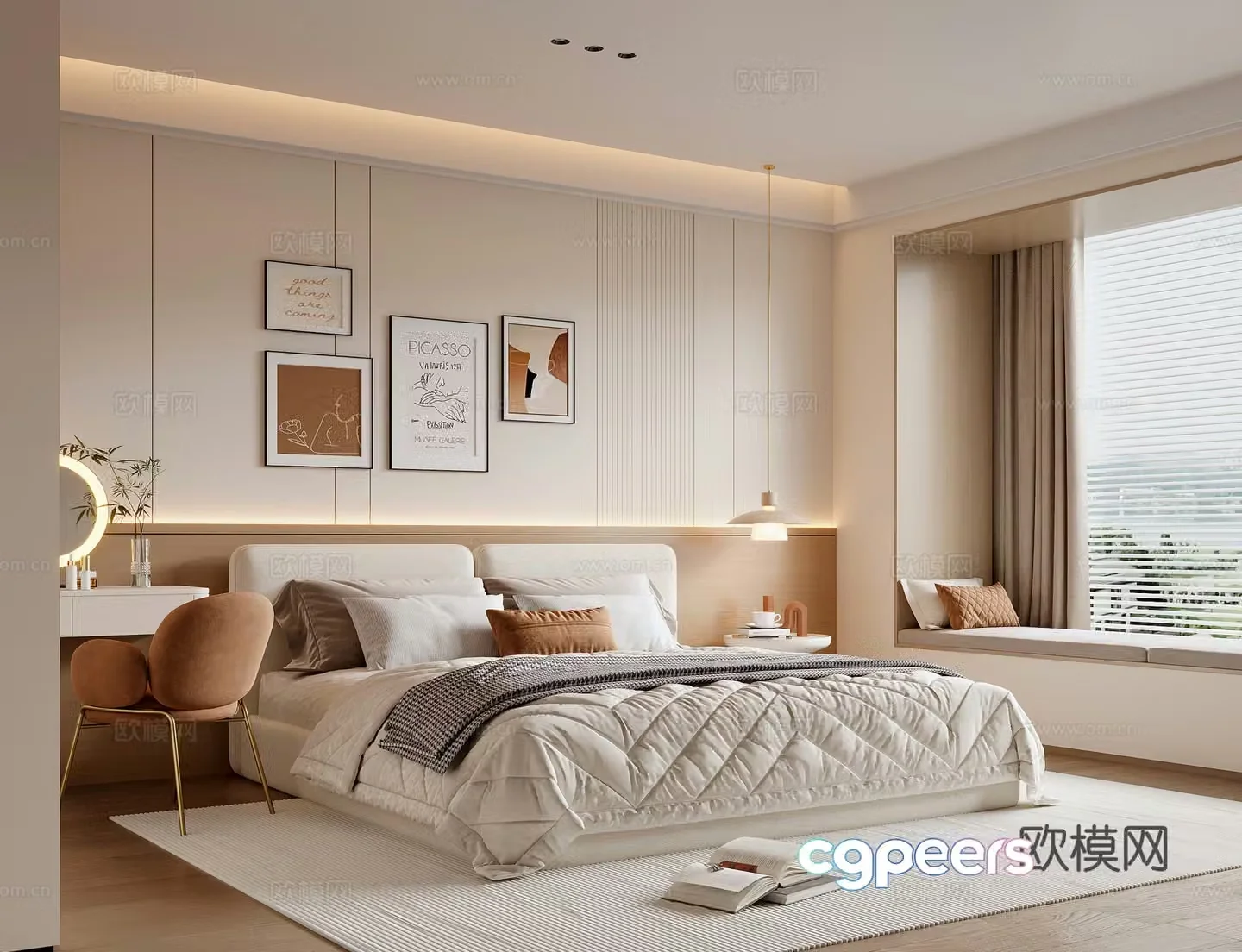 Modern creamy bedroom 3d model