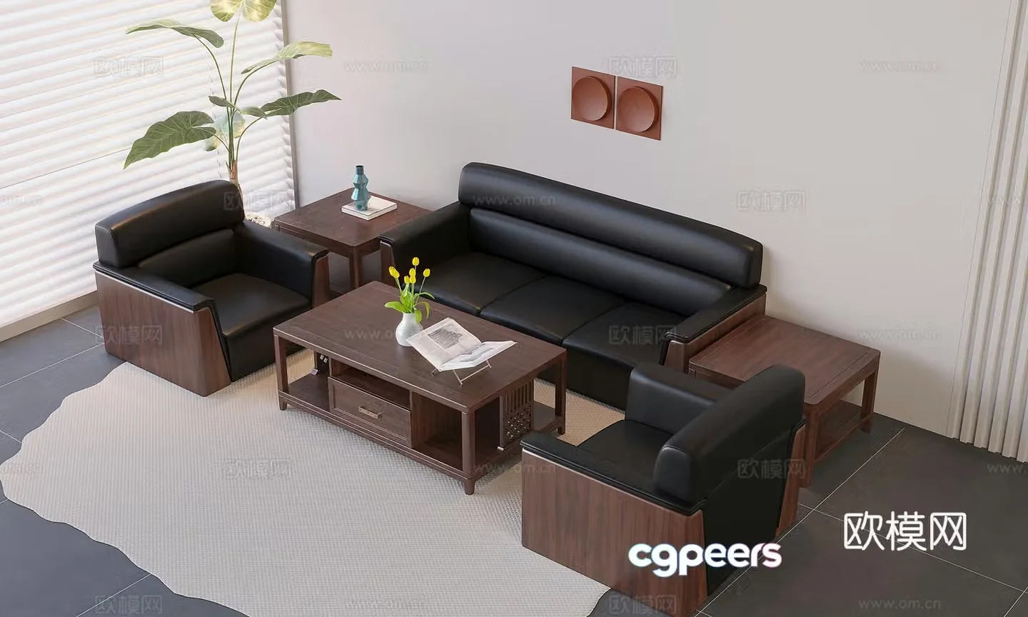 Chinese sofa coffee table combination reception sofa coffee table solid wood conference soft bag sofa 3D model