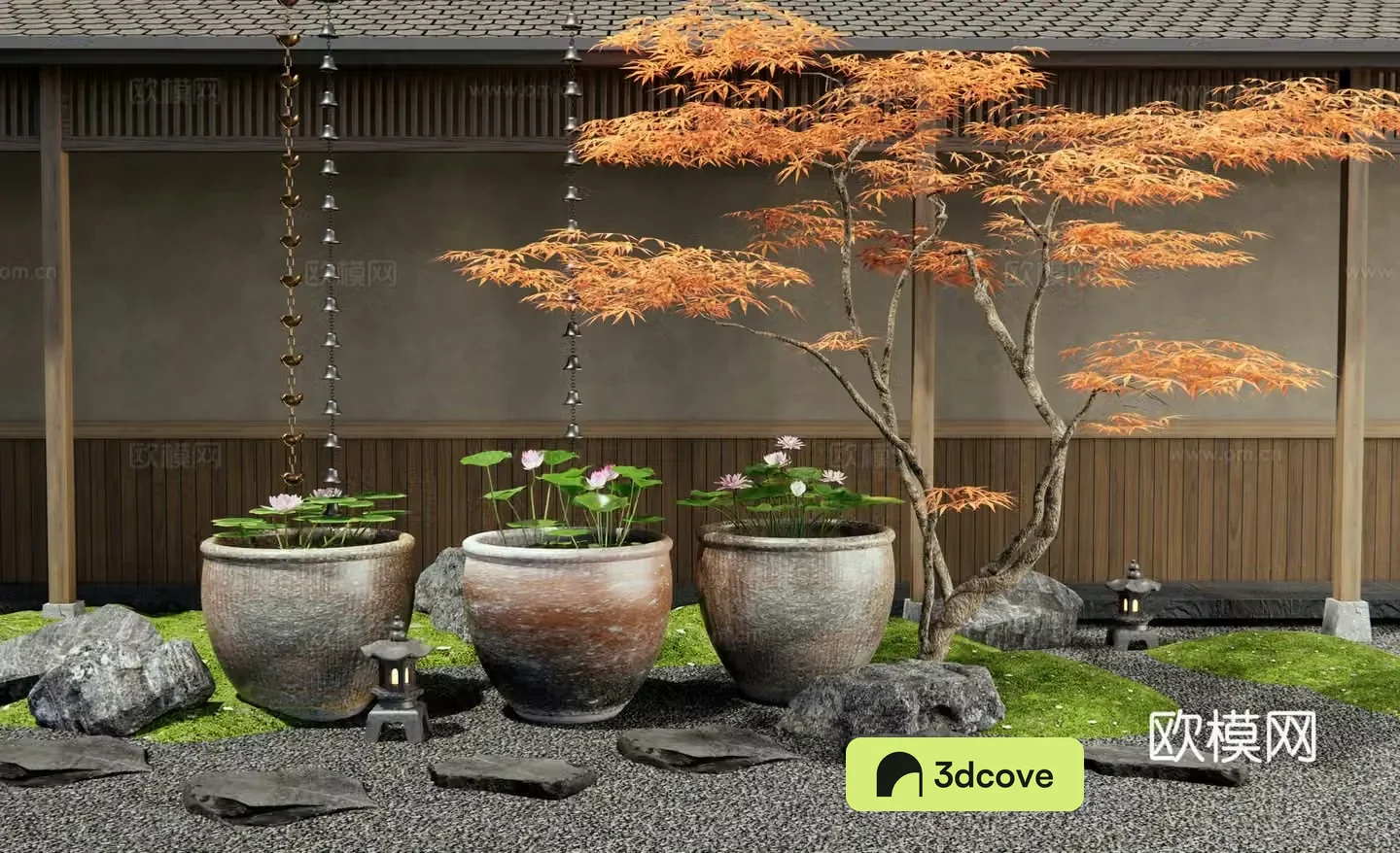 New Chinese style courtyard sketches Water tank Lotus tank Red maple Tingbu Landscape stone Rain chain Waterscape 3D model