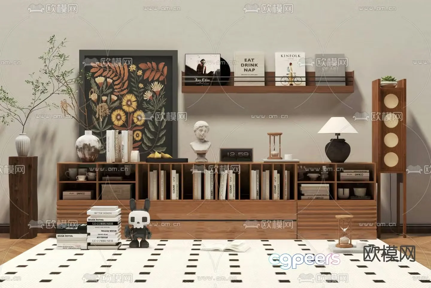 Medieval style low bookcase floor cabinet decorative cabinet 3D model