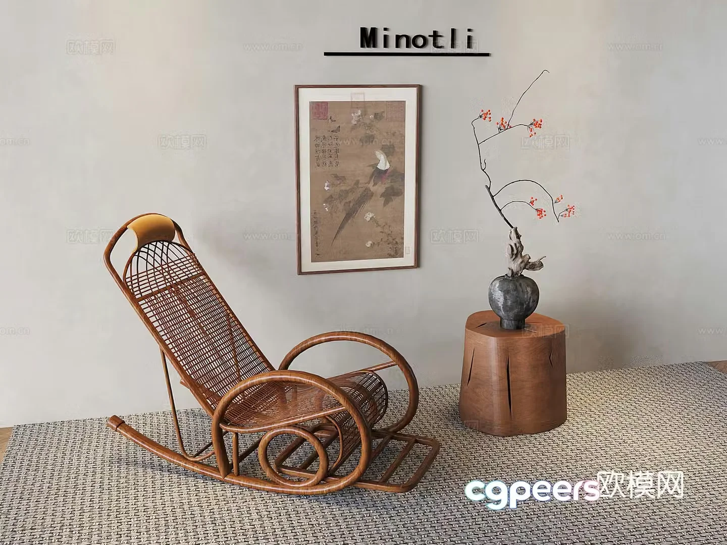 Middle-aged solid wood rattan rocking chair recliner flower carved edges 3D model