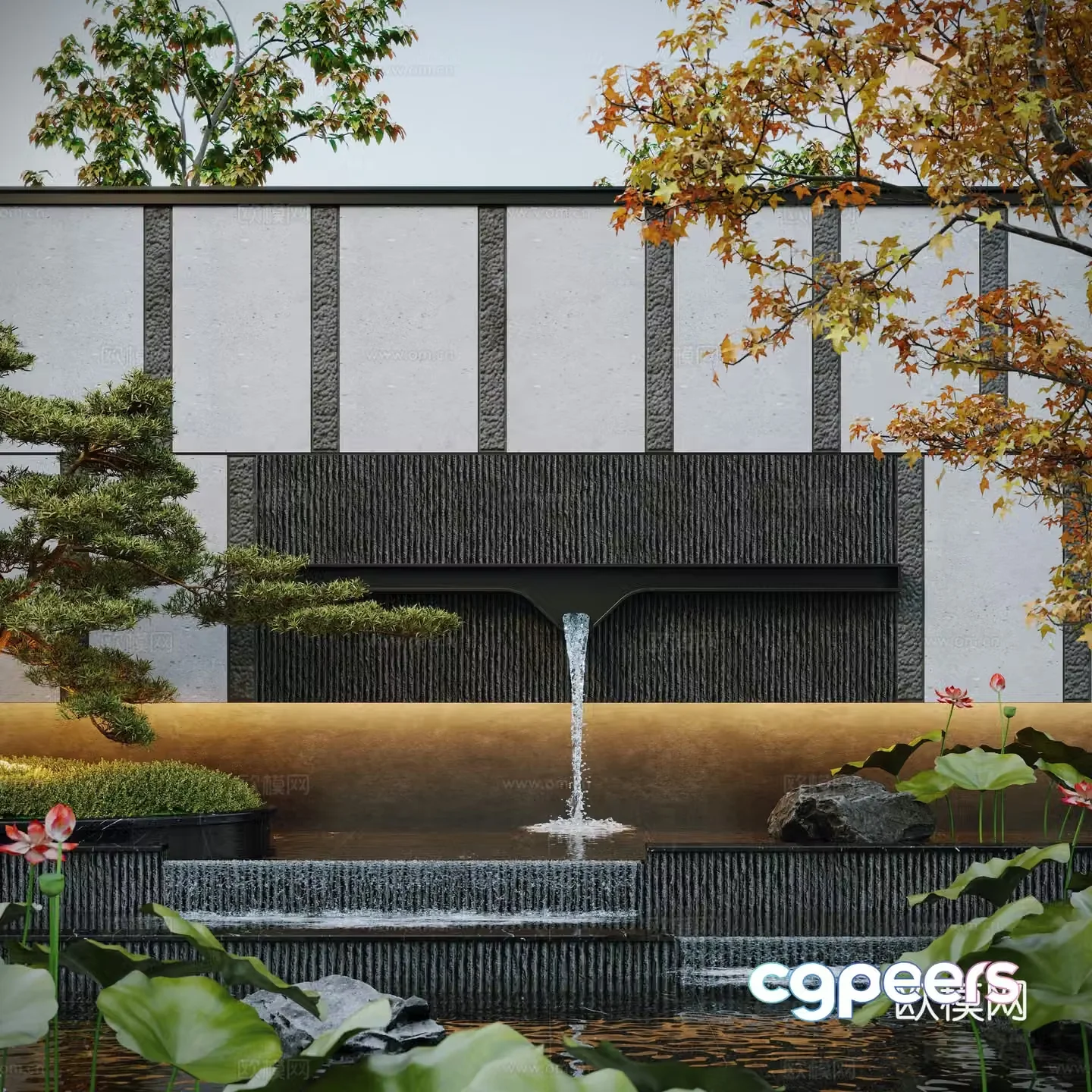Modern water landscape courtyard waterscape stacked water fish pond landscape wall 3d model