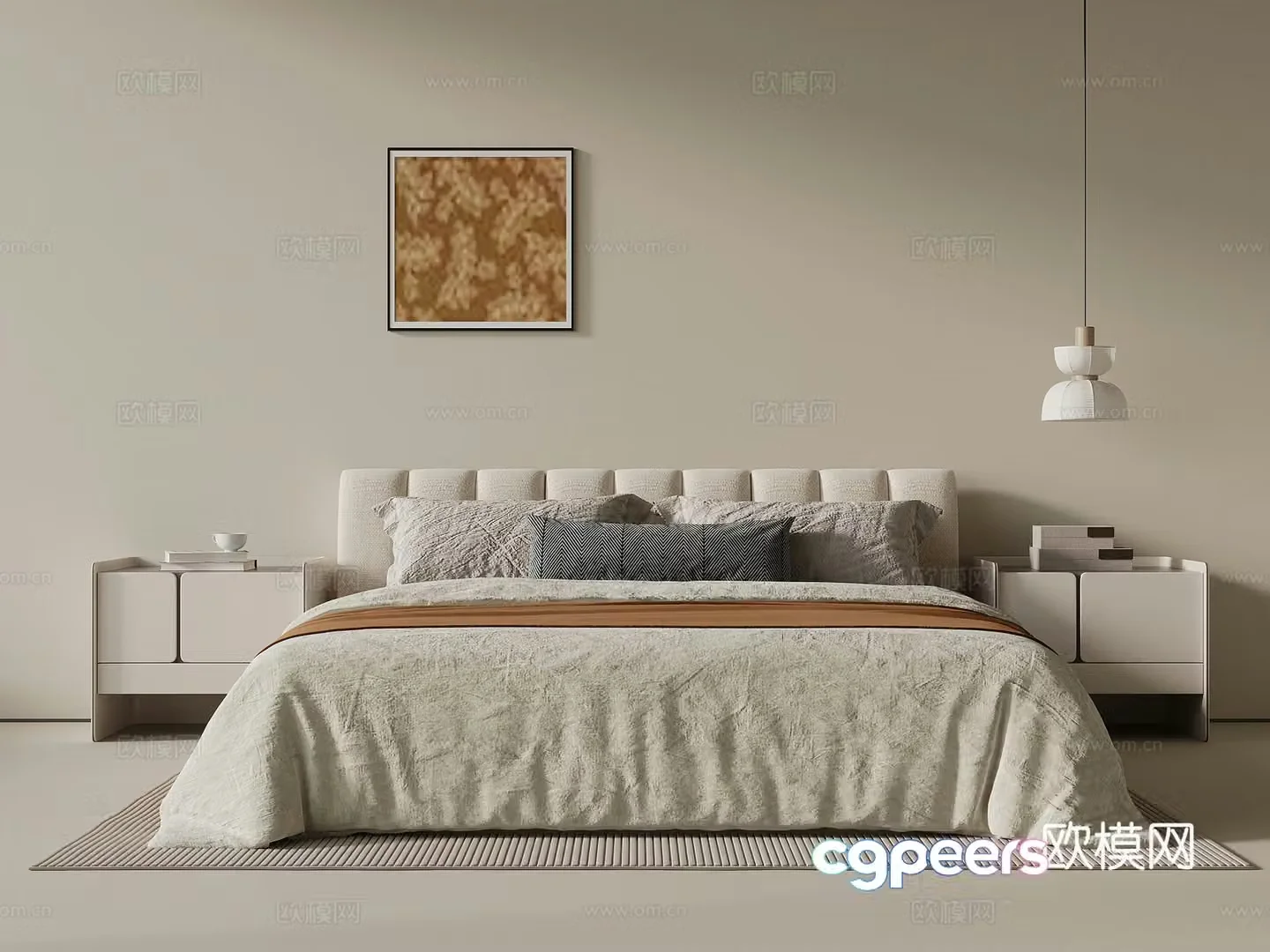 Modern double bed nightstand chandelier 3d model