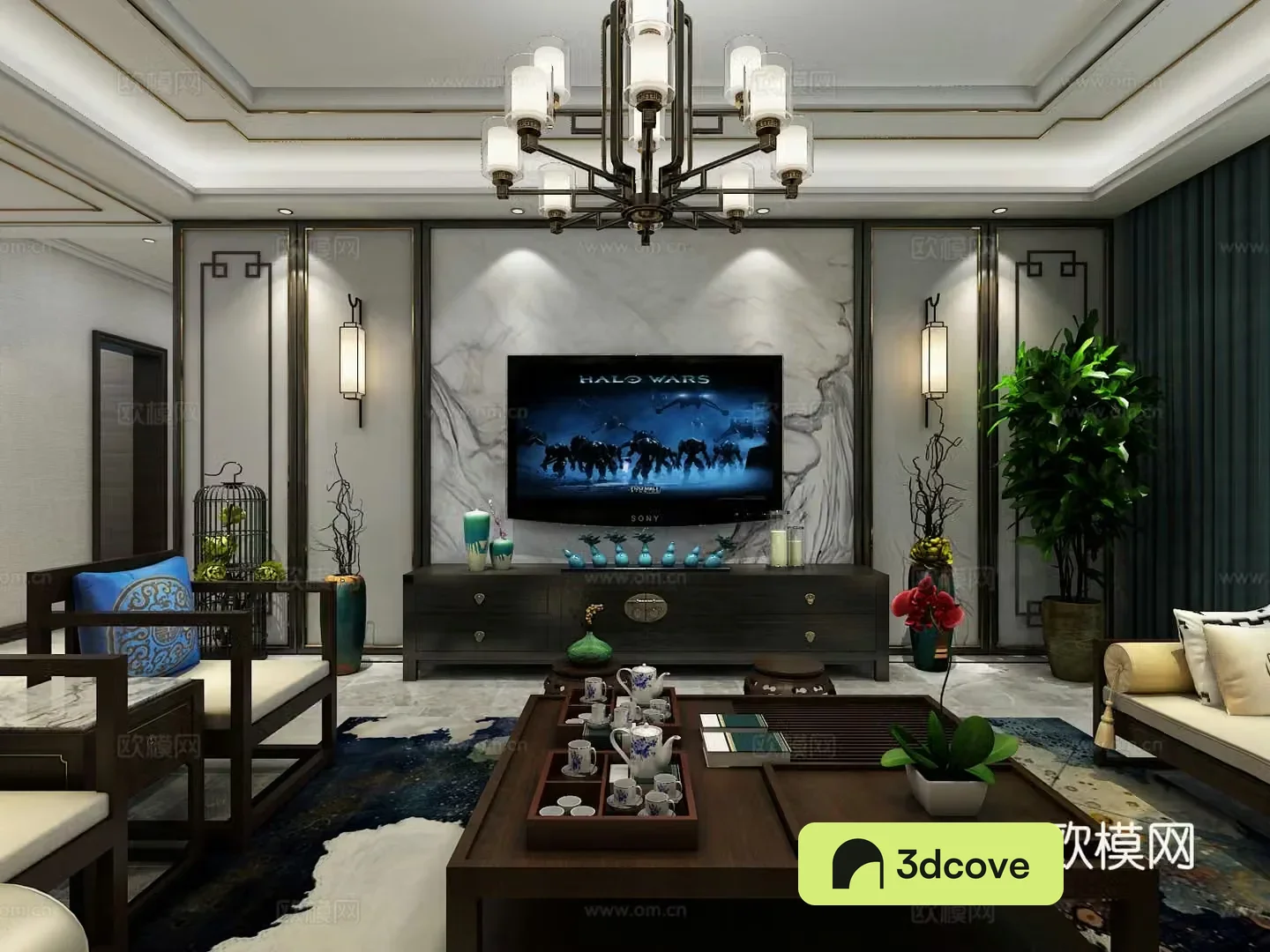 New Chinese style living and dining hall entrance chandeliers desk lamp multi-person sofa single sofa coffee table
