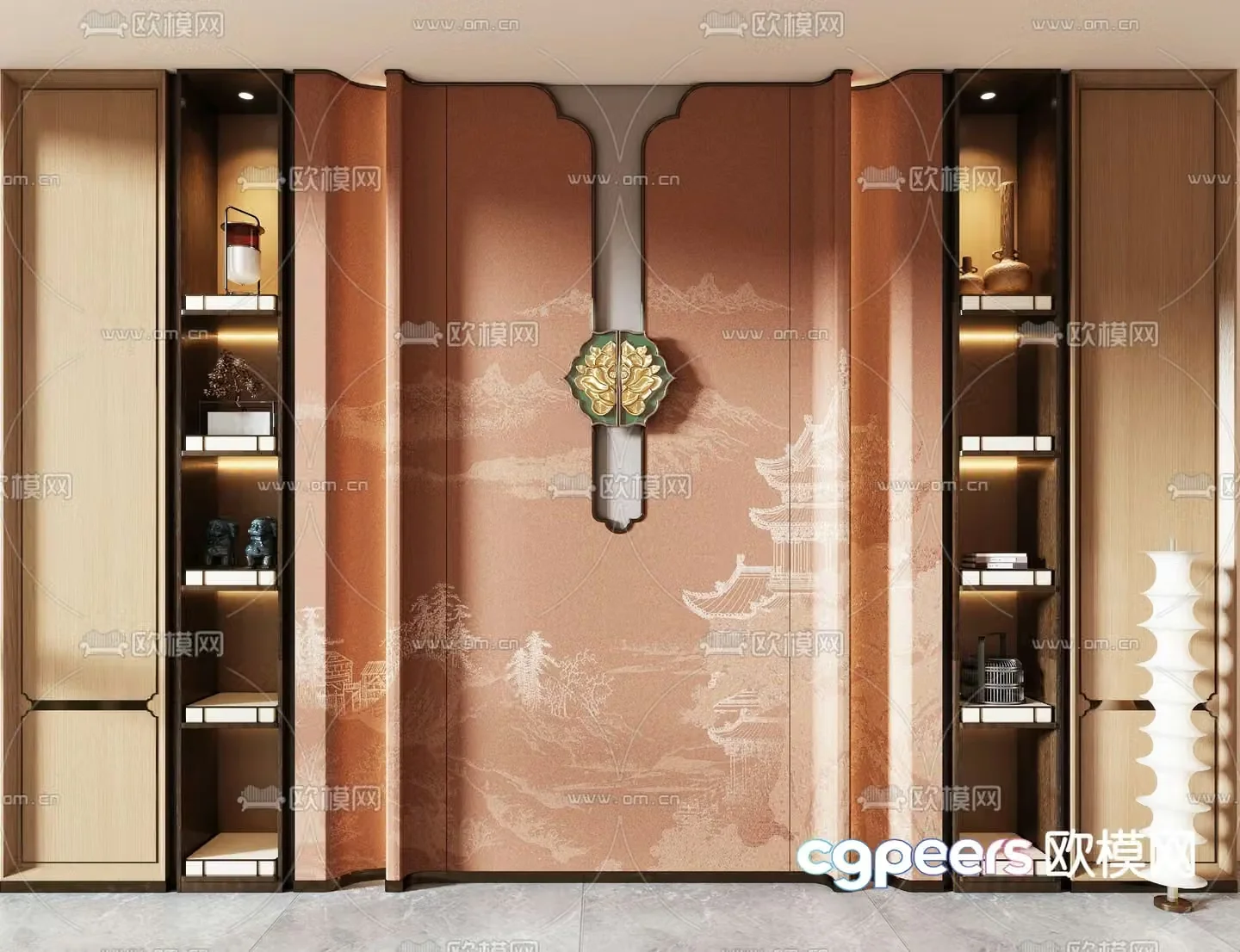 New Chinese style background wall landscape wall decorative cabinet 3d model