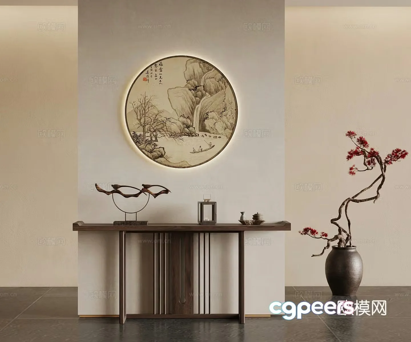 New Chinese style entrance hall end view platform entrance background wall 3D model