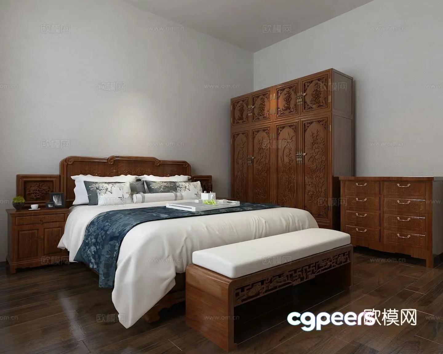 Chinese solid wood mahogany carved bed wardrobe chest of drawers bedside table tail stool bedding 3D model
