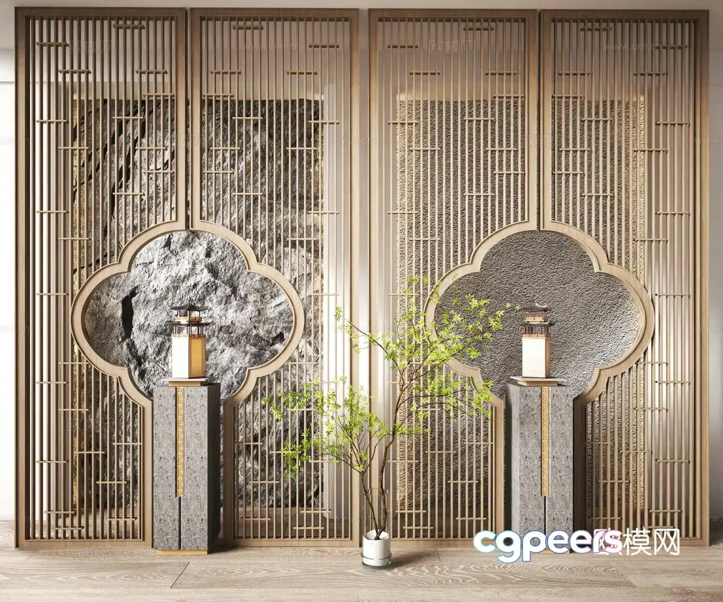 New Chinese style plum blossom partition wooden grille 3D model