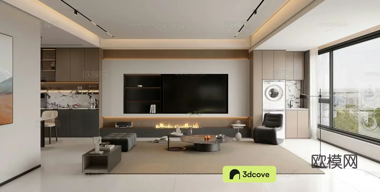 Modern living room TV background wall fireplace leisure chair side table corner table TV cabinet coffee table