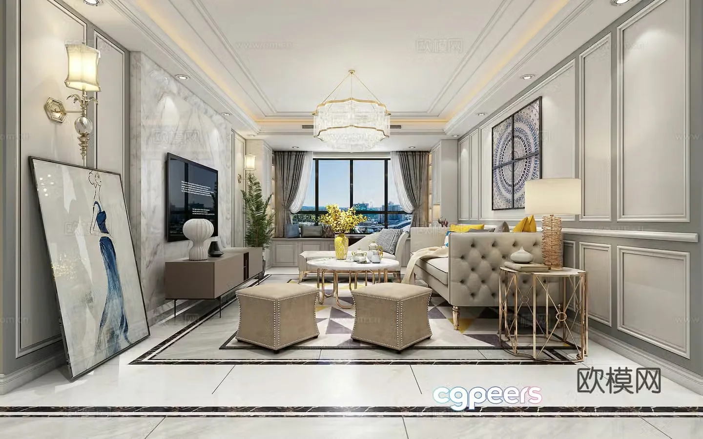 American simple living dining room entrance sofa coffee table dining table chair desk lamp TV cabinet bay window 3D model