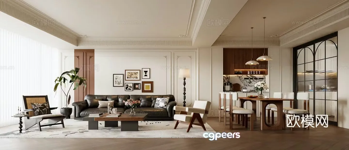 French living and dining room 3d model