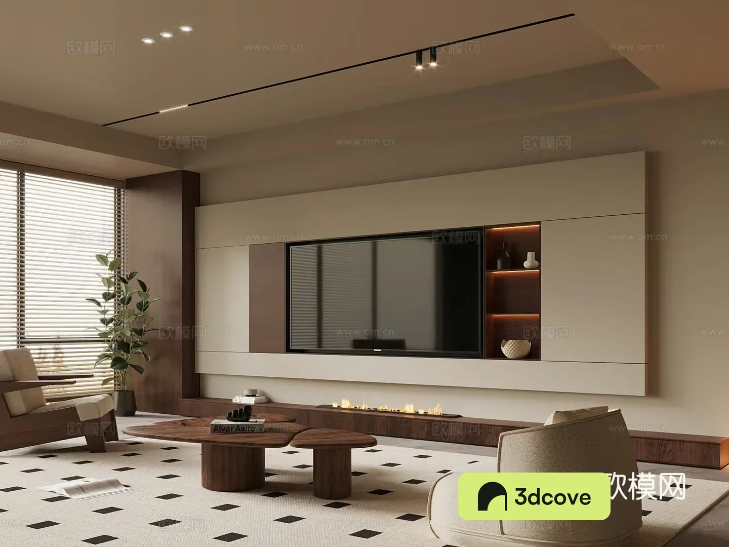 Middle style living room TV background wall sofa coffee table combination 3D model
