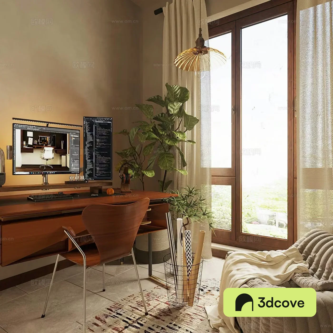 Middle-aged study retro study middle-aged study desk chair desktop computer desk ornament combination 3D model