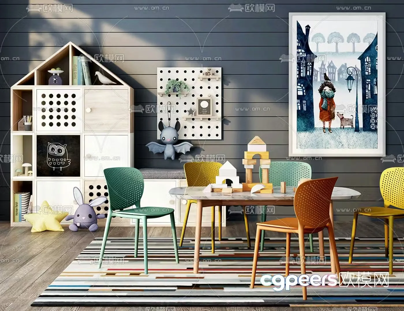 Nordic children’s table chair and children’s cabinet 3d model