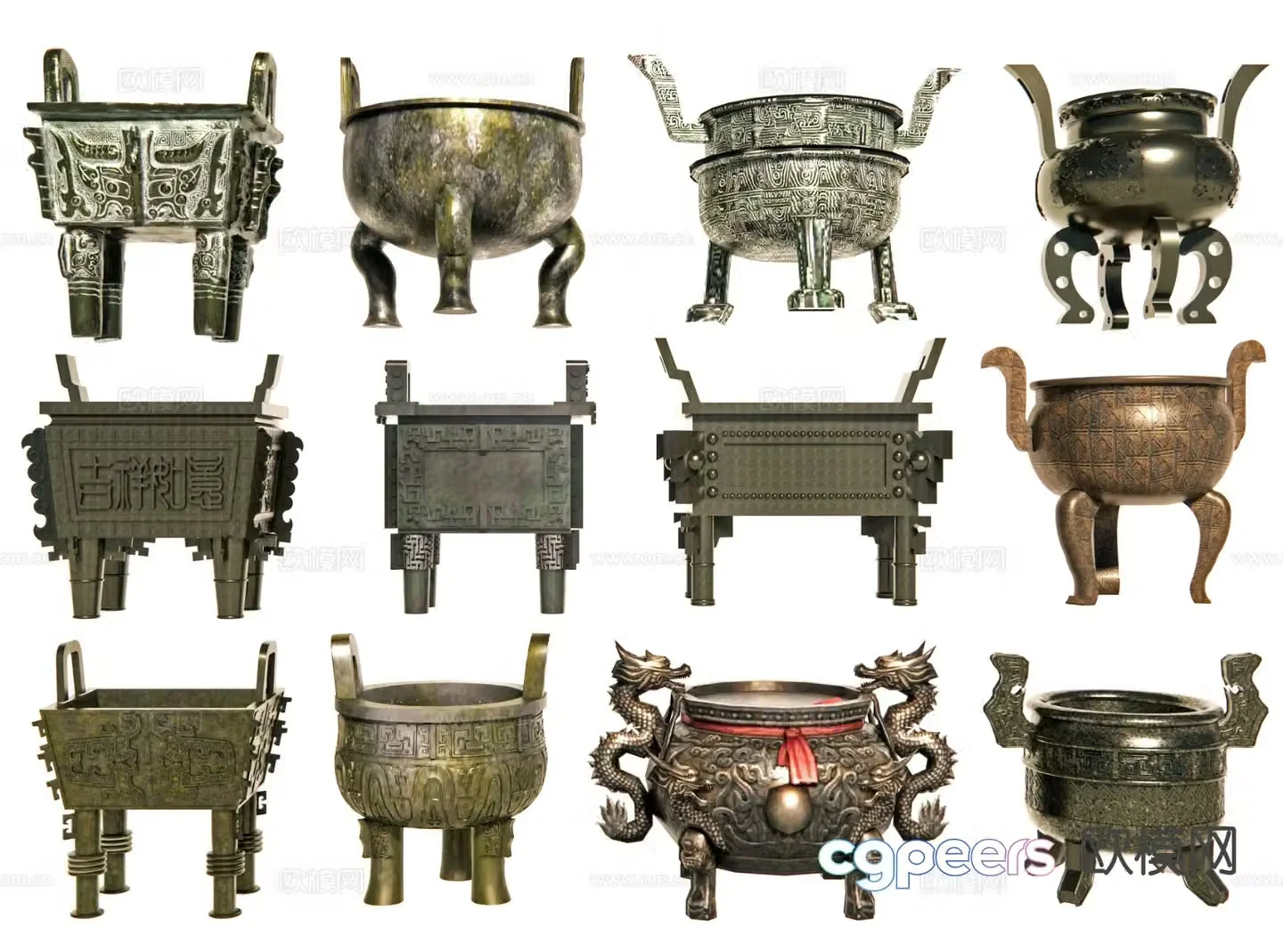 Chinese bronze tripod square tripod round tripod triangle tripod 3D model