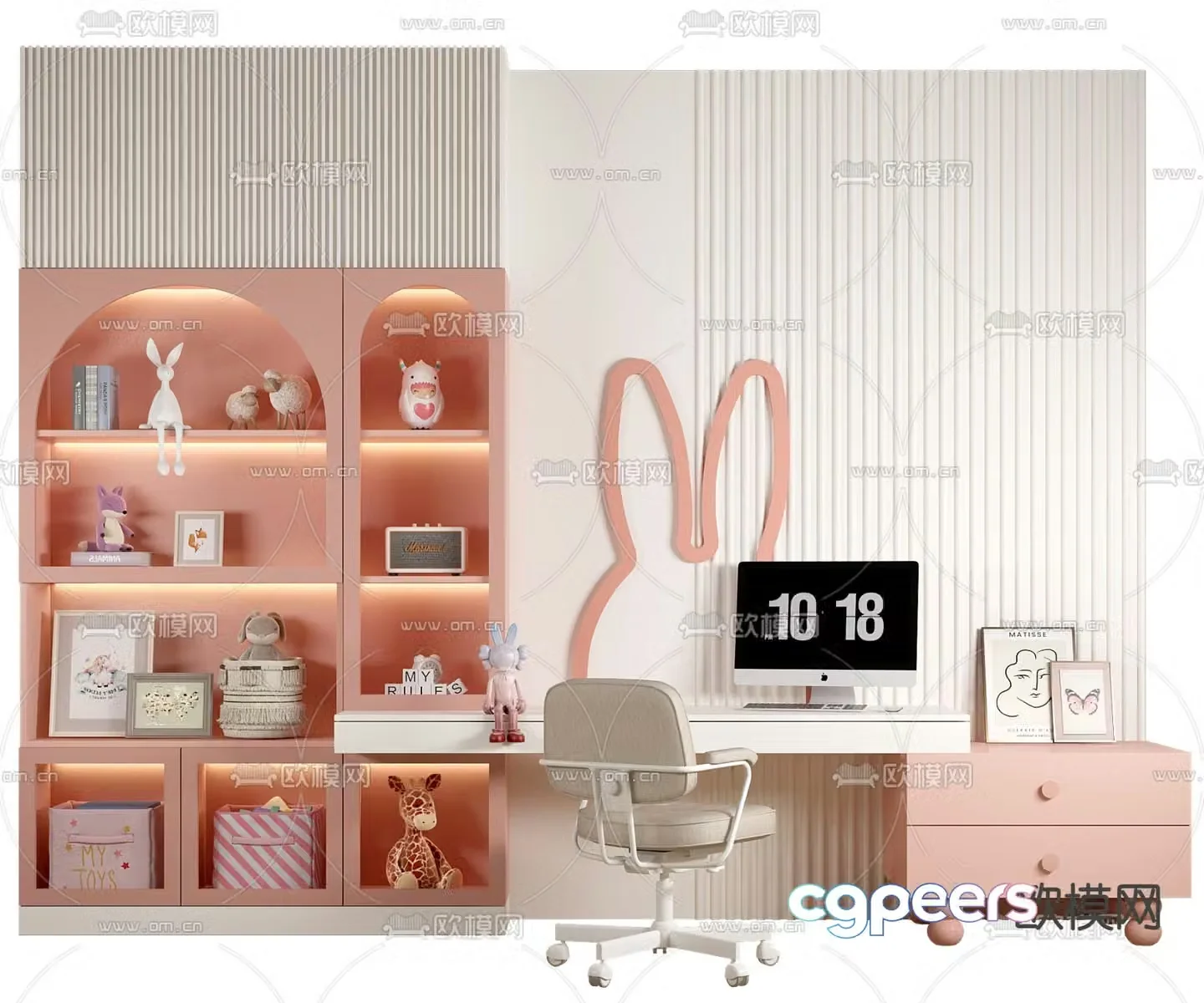 Modern children’s integrated desk bookcase 3d model